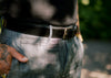 model wearing black everyday belt